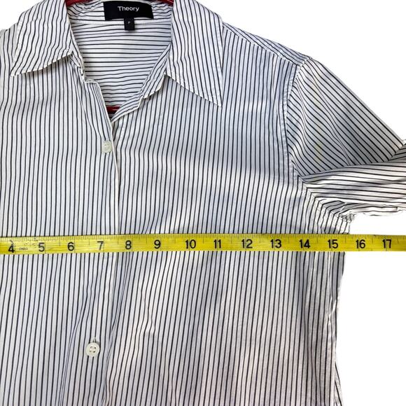 Theory Navy Pinstripe Button Down Shirt Tunic Womens Size P Classic Capsule Long - Picture 5 of 10